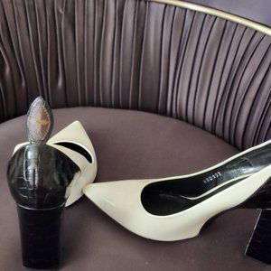 LV white patent leather pumps with black skin embossed heel
